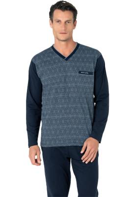 %100 Pamuklu Jakarlı Kutulu V Yaka Erkek Pijama Takım - 3