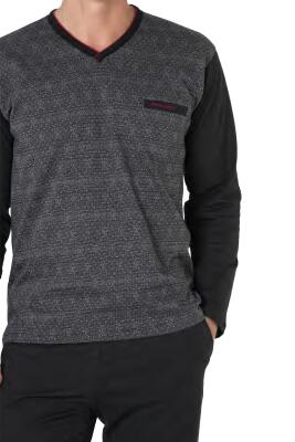 %100 Pamuklu Jakarlı Kutulu V Yaka Erkek Pijama Takım - 4