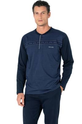 Pierre Cardin - %100 Pamuklu Jakarlı Kutulu Yakası Düğmeli Erkek Pijama Takım