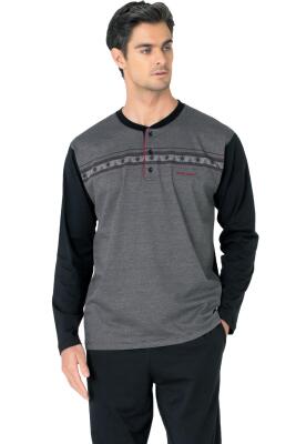 %100 Pamuklu Jakarlı Kutulu Yakası Düğmeli Erkek Pijama Takım - 3