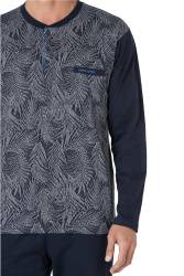 %100 Pamuklu Jakarlı Kutulu Yuvarlak Yakası Düğmeli Erkek Pijama Takım - Thumbnail