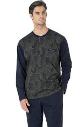 %100 Pamuklu Jakarlı Kutulu Yuvarlak Yakası Düğmeli Erkek Pijama Takım (1)