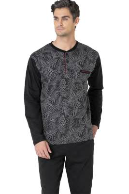 %100 Pamuklu Jakarlı Kutulu Yuvarlak Yakası Düğmeli Erkek Pijama Takım - 4