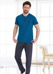 %100 Pamuklu Kısa Kol Erkek Pijama Takım - 3