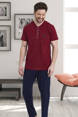 Erse - %100 Pamuklu Kısa Kol Yuvarlak Yaka Düğmeli Yazlık Erkek Pijama Takım