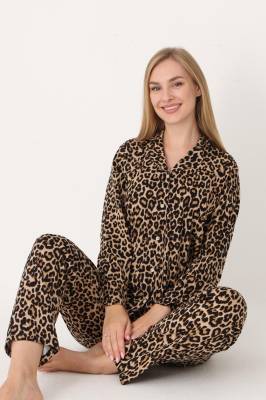 NBB - %100 Pamuklu Leopar Pijama Takım, Leopar Desenli Önden Düğmeli, Gömlek Yakalı Kadın Pijama Takım