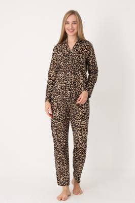NBB - %100 Pamuklu Leopar Pijama Takım, Leopar Desenli Önden Düğmeli, Gömlek Yakalı Kadın Pijama Takım (1)