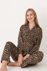 %100 Pamuklu Leopar Pijama Takım, Leopar Desenli Önden Düğmeli, Gömlek Yakalı Kadın Pijama Takım