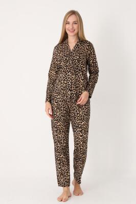 %100 Pamuklu Leopar Pijama Takım, Leopar Desenli Önden Düğmeli, Gömlek Yakalı Kadın Pijama Takım - 2
