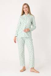 %100 Pamuklu, Puantiyeli Önden Düğmeli, Gömlek Yakalı Kadın Pijama Takım (1)
