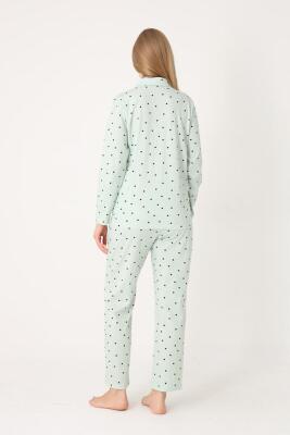 %100 Pamuklu, Puantiyeli Önden Düğmeli, Gömlek Yakalı Kadın Pijama Takım - 3