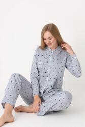 %100 Pamuklu, Puantiyeli Önden Düğmeli, Gömlek Yakalı Kadın Pijama Takım - 4