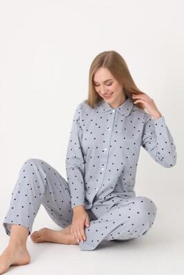 %100 Pamuklu, Puantiyeli Önden Düğmeli, Gömlek Yakalı Kadın Pijama Takım - 4
