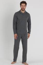 %100 Pamuklu Rahat Kalıp Erkek Polo Yaka 2 İplik Kışlık Pijama Takım - Thumbnail