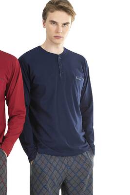 %100 Pamuklu Uzunkol Düğmeli Yaka Mevsimlik Kutulu Pijama Takım - 3