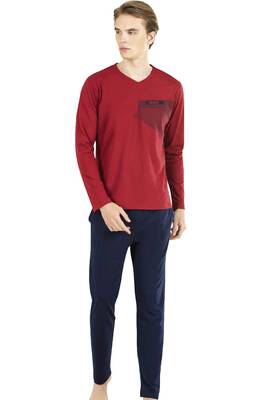 Pierre Cardin - %100 Pamuklu Uzunkol V Yaka Mevsimlik Erkek Pijama Takım