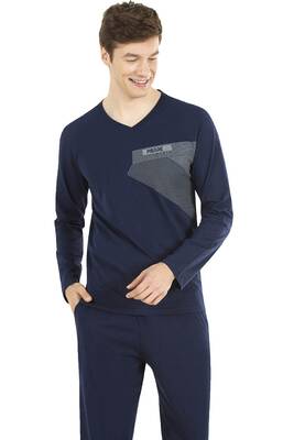 %100 Pamuklu Uzunkol V Yaka Mevsimlik Erkek Pijama Takım - 3