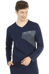 %100 Pamuklu Uzunkol V Yaka Mevsimlik Erkek Pijama Takım - 4