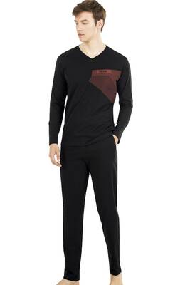 %100 Pamuklu Uzunkol V Yaka Mevsimlik Erkek Pijama Takım - 5
