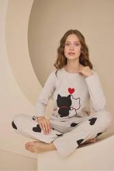 %100 Pamuklu Yuvarlak Yaka Uzunkol Kadın Pijama Takım, Kedi ve Kalp Baskılı - Thumbnail