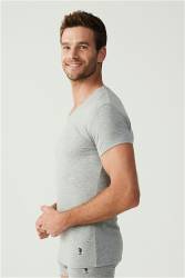 2 Adet V Yaka Kısa Kol Düz Renk T-shirt - Thumbnail