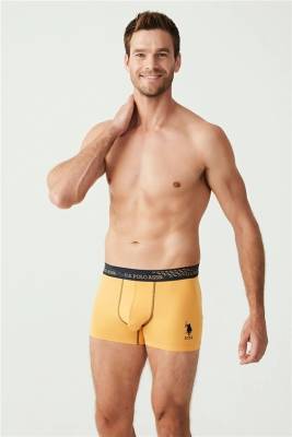 U.S. Polo Assn. - 3'lü Lacivert Saks Sarı Pamuklu Likralı Erkek Boxer