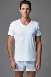4 Adet %100 Pamuklu V Yaka Penye Fanila T-shirt - Thumbnail