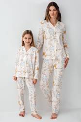 Anne Kız Gömlek Pijama Kombini, Kedili Pijama, Anne ve Çocuk Pijamalar Ayrı Ayrı Fiyatlandırılır - Thumbnail