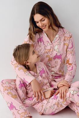 Anne Kız Gömlek Pijama Kombini, Kedili Pijama, Anne ve Çocuk Pijamalar Ayrı Ayrı Fiyatlandırılır - 1