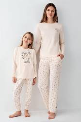 Anne Kız Krem Pijama Kombin, Kadın ve Çocuk Pijamalar Ayrı Ayrı Fiyatlandırılır - Thumbnail