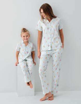 Anne Kız Pijama (Ayrı Ayrı Satılır) Takımı %100 Pamuk –  Gömlek Yaka Kısa Kollu Kombin - 1