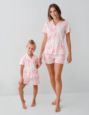 Anne Kız Pijama (Ayrı Ayrı Satılır) Takımı %100 Pamuk – Kısa Kollu Çiçekli Aile Kombini - 1