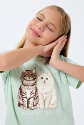 Anne Kız Kedili Pijama (Ayrı Ayrı Satılır) Takımı %100 Pamuk – Kısa Kollu Üst & Ekose Alt Aile Kombini - 9