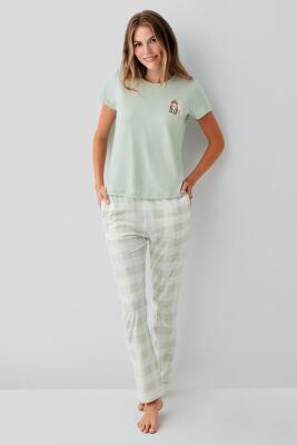 Anne Kız Kedili Pijama (Ayrı Ayrı Satılır) Takımı %100 Pamuk – Kısa Kollu Üst & Ekose Alt Aile Kombini - 12