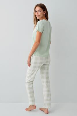 Anne Kız Kedili Pijama (Ayrı Ayrı Satılır) Takımı %100 Pamuk – Kısa Kollu Üst & Ekose Alt Aile Kombini - 13