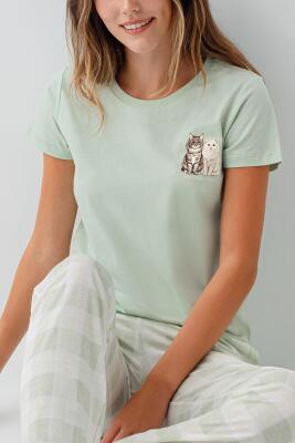 Anne Kız Kedili Pijama (Ayrı Ayrı Satılır) Takımı %100 Pamuk – Kısa Kollu Üst & Ekose Alt Aile Kombini - 14