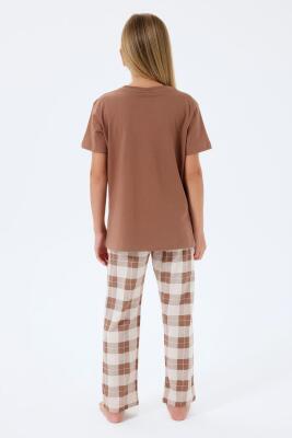 Anne Kız Kedili Pijama (Ayrı Ayrı Satılır) Takımı %100 Pamuk – Kısa Kollu Üst & Ekose Alt Aile Kombini - 5