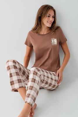 Anne Kız Kedili Pijama (Ayrı Ayrı Satılır) Takımı %100 Pamuk – Kısa Kollu Üst & Ekose Alt Aile Kombini - 6