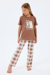 Anne Kız Kedili Pijama (Ayrı Ayrı Satılır) Takımı %100 Pamuk – Kısa Kollu Üst & Ekose Alt Aile Kombini (1)
