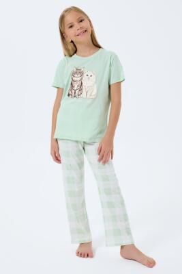 Anne Kız Kedili Pijama (Ayrı Ayrı Satılır) Takımı %100 Pamuk – Kısa Kollu Üst & Ekose Alt Aile Kombini - 8