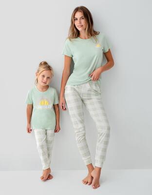 Anne Kız Pijama Takımı Kombin – Kadın ve Çocuk Pijamaları Ayrı Ayrı Satılır | %100 Pamuk Yeşil Desenli  - 1