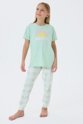 Anne Kız Pijama Takımı Kombin – Kadın ve Çocuk Pijamaları Ayrı Ayrı Satılır | %100 Pamuk Yeşil Desenli  - 3