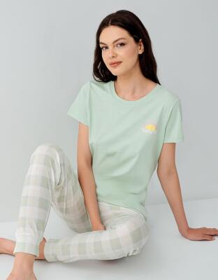 Anne Kız Pijama Takımı Kombin – Kadın ve Çocuk Pijamaları Ayrı Ayrı Satılır | %100 Pamuk Yeşil Desenli  - 2