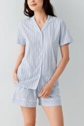 Kadın Açık Mavi Çizgili Kısa Kollu Şortlu Pijama Takımı – %100 Pamuk, Düğmeli Yazlık Ev Giyim - 3