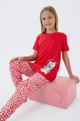 Anne ve Çocuk Pijamaları Ayrı Ayrı Satılır, %100 Pamuk, Kırmızı Kalpli Desen, Anne Kız Pijama Takımı Kombini - 2