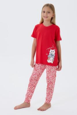 Anne ve Çocuk Pijamaları Ayrı Ayrı Satılır, %100 Pamuk, Kırmızı Kalpli Desen, Anne Kız Pijama Takımı Kombini - 3