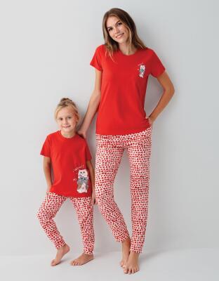 Anne ve Çocuk Pijamaları Ayrı Ayrı Satılır, %100 Pamuk, Kırmızı Kalpli Desen, Anne Kız Pijama Takımı Kombini - 1