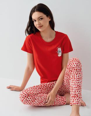 Anne ve Çocuk Pijamaları Ayrı Ayrı Satılır, %100 Pamuk, Kırmızı Kalpli Desen, Anne Kız Pijama Takımı Kombini - 6