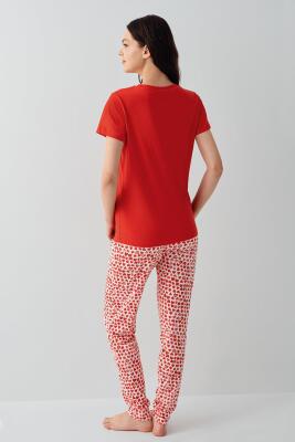 Anne ve Çocuk Pijamaları Ayrı Ayrı Satılır, %100 Pamuk, Kırmızı Kalpli Desen, Anne Kız Pijama Takımı Kombini - 8