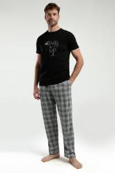 Arnetta %100 Pamuklu Kısakol Siyah T-shirt ve Ekoseli Cepli Erkek Pijama Takım - Thumbnail
